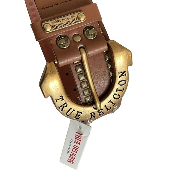 True Religion Belt Medium Gold-tone Buckle Pyramid Studs S - Picture 1 of 10